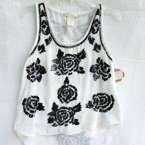 MM Couture Miss Me Black & Ivory Sequin Flower Hi-Low Top Women's Size Small